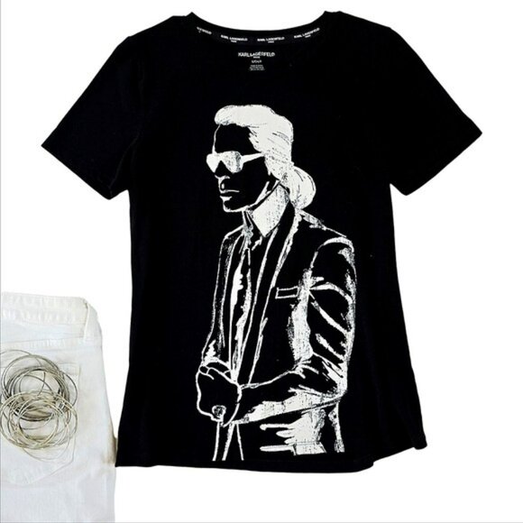 Karl Lagerfeld Women's Black White Graphic T-Shirt Size Small Short Sleeves - Picture 1 of 11